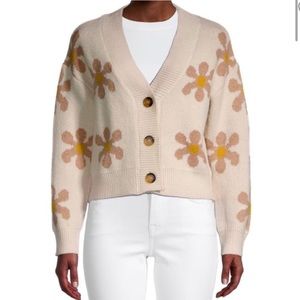 Industry Flower Power Button Cropped Cardigan Cream Tan‎ V Neckline-Small